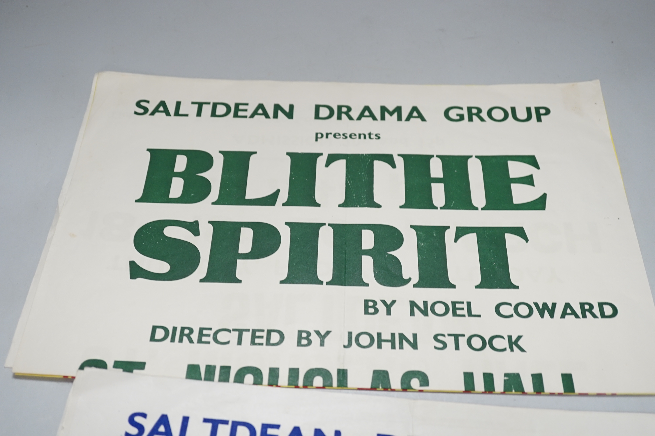 Six 1940s unframed posters, Saltdean Drama Group, ‘A Letter From the General’, ‘Blithe Spirit’, ‘Count Your Blessings’, etc. 38cm x 50.5cm